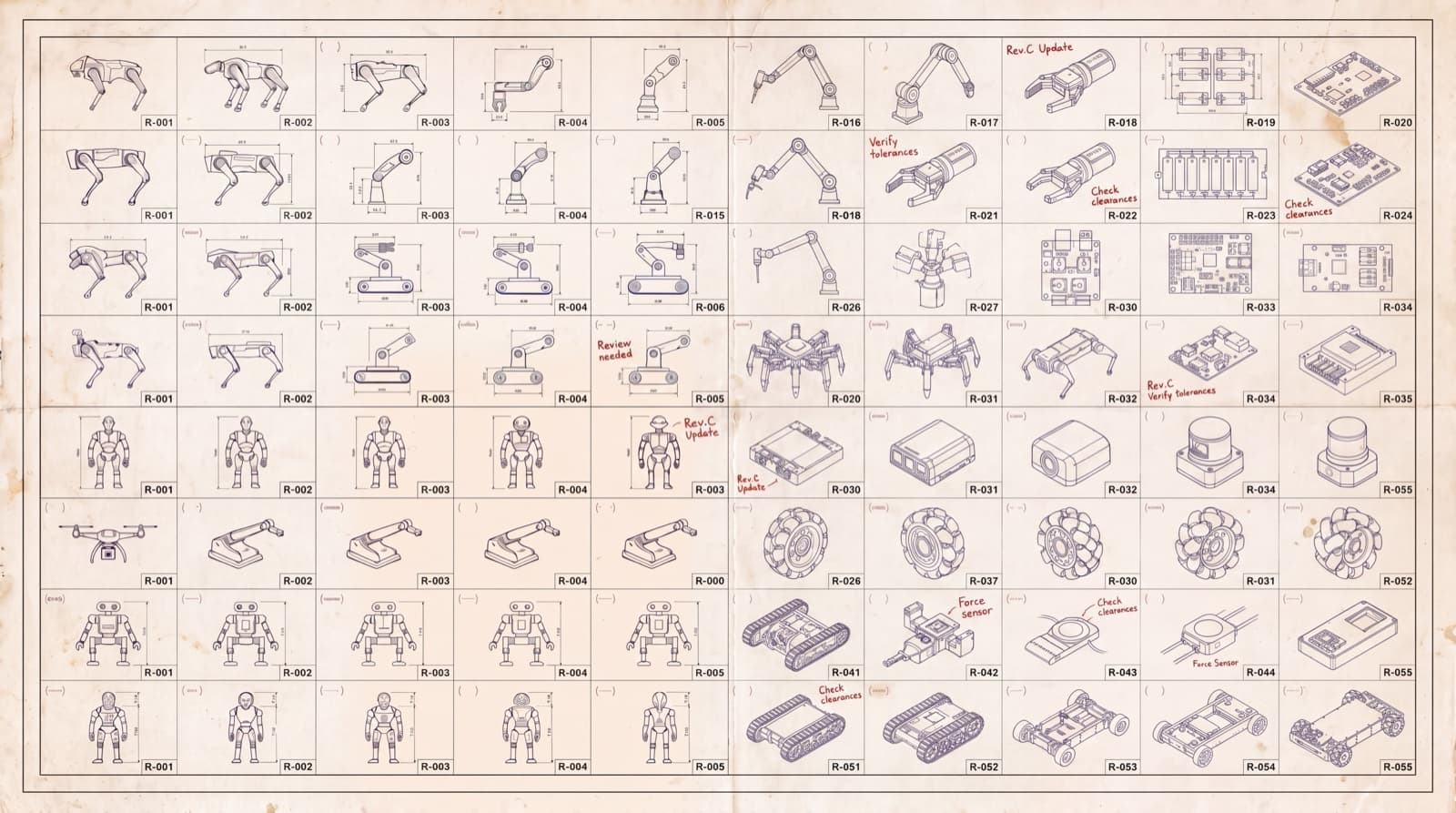 A blueprint-style sheet packed with line drawings of robots: humanoids, quadrupeds, robotic arms, drones, mobile bases, grippers, sensors, and circuit boards. Each cell is annotated like a parts catalog (R-001, R-002, ...) with handwritten notes in red such as 'Verify tolerances', 'Check clearances', 'Force sensor', and 'Rev.C Update'.