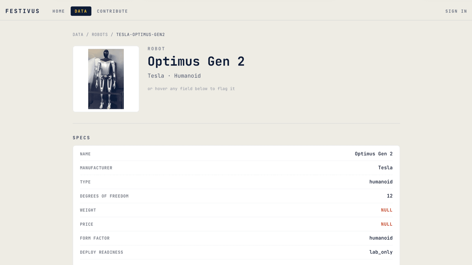 Festivus robot detail page for Tesla Optimus Gen 2, signed out: the header shows SIGN IN and there is no SUGGEST EDIT button