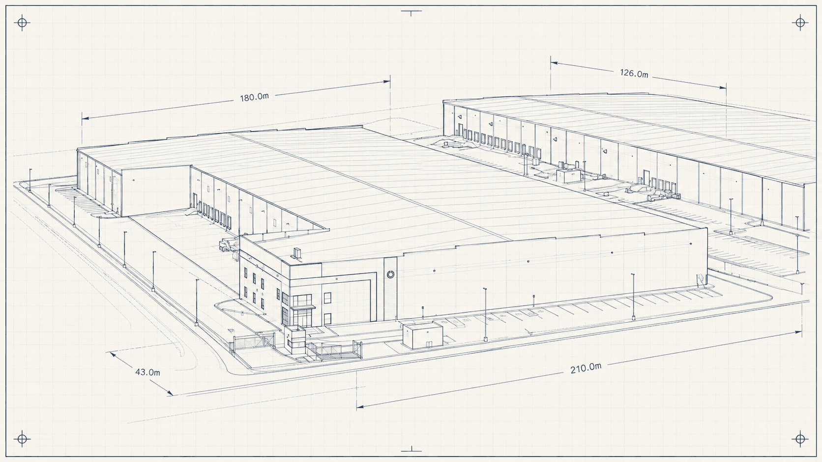 Blueprint of a distribution-center site, drawn in navy on drafting cream