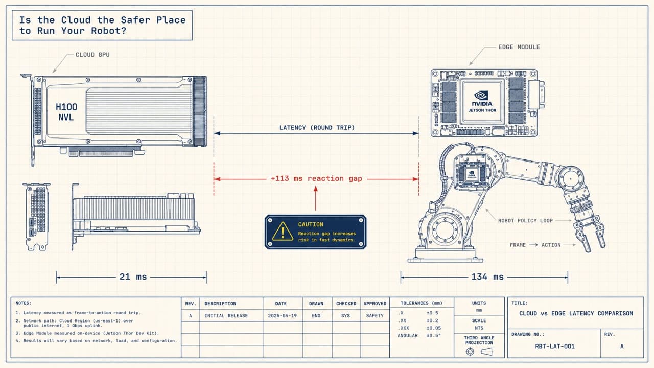 Blueprint schematic comparing a cloud H100 and a Jetson Thor running the same robot policy, with latency callouts