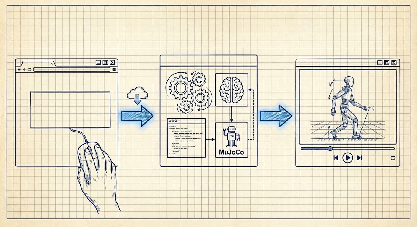 Blueprint-style illustration showing a one-click policy deployment pipeline: paste a URL, an agent generates code and runs MuJoCo, and a video of a walking robot is produced