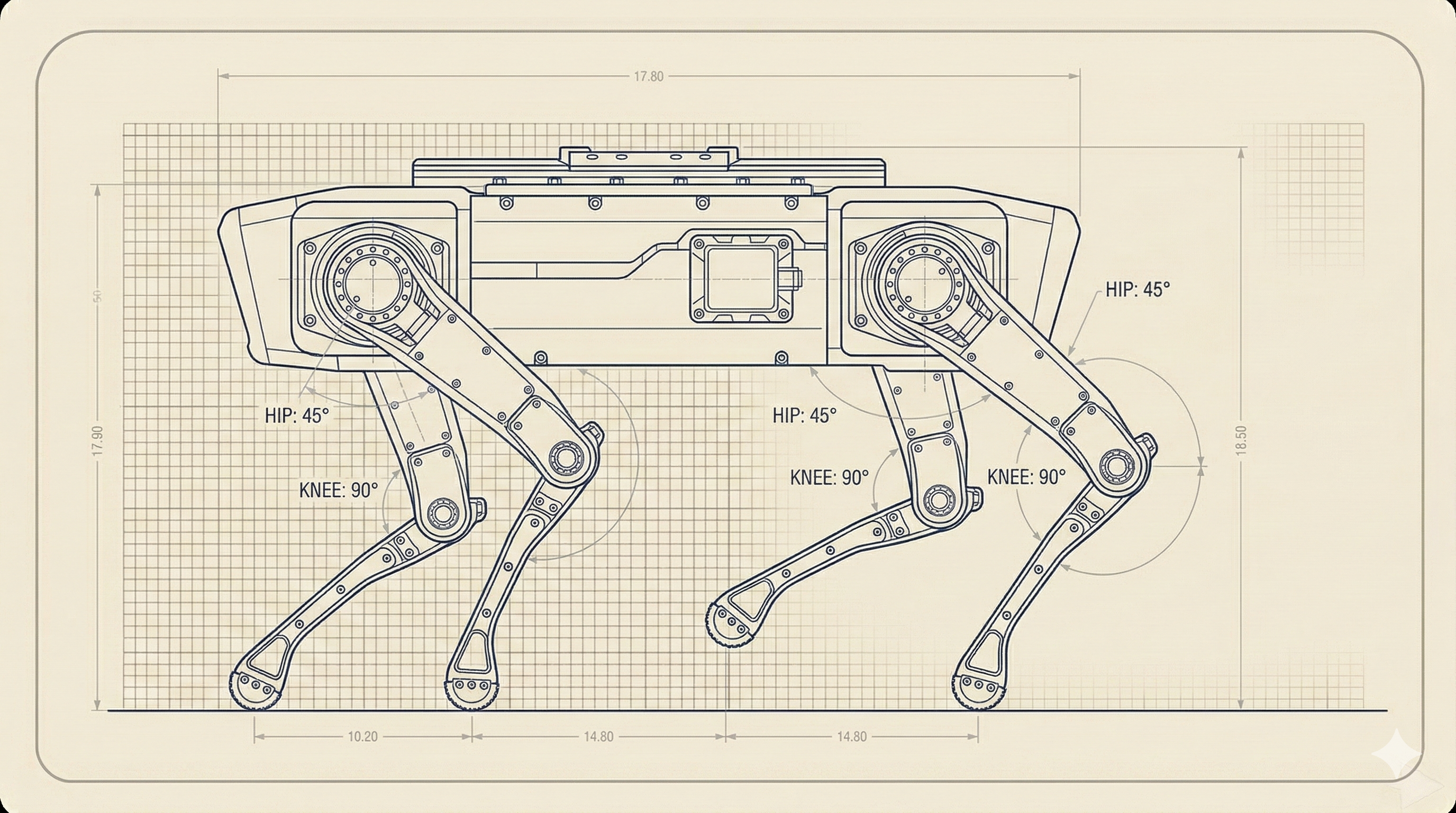 Technical blueprint schematic of a quadruped robot with joint angle annotations