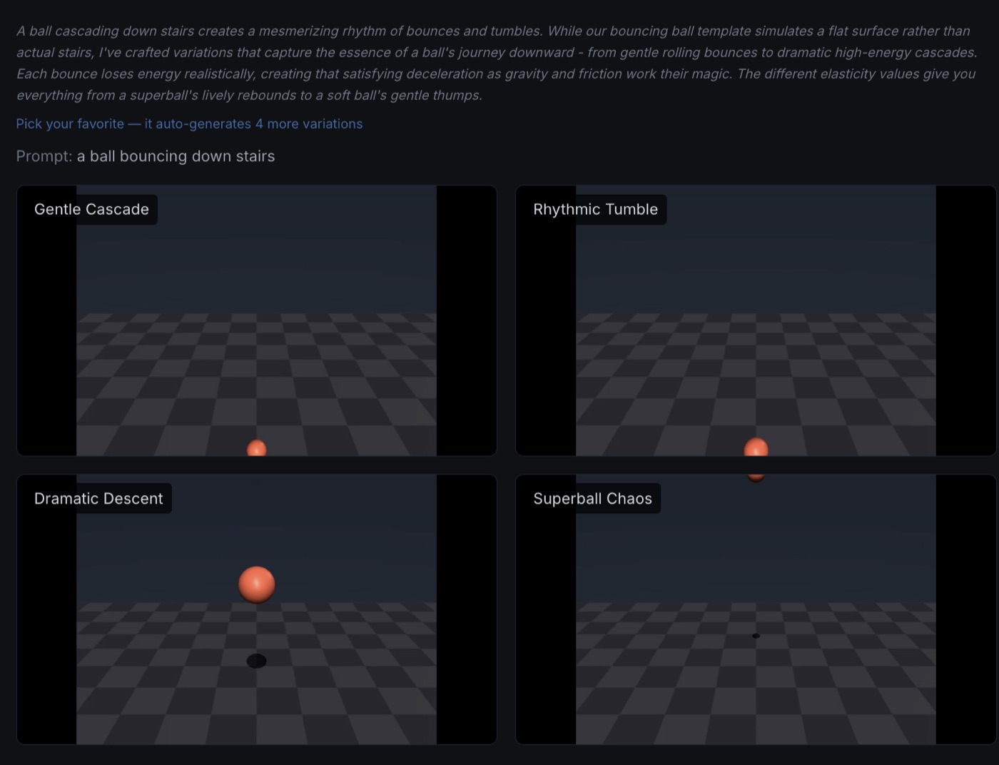SimGen interface showing four MuJoCo simulation variations of a ball bouncing down stairs, labeled Gentle Cascade, Rhythmic Tumble, Dramatic Descent, and Superball Chaos