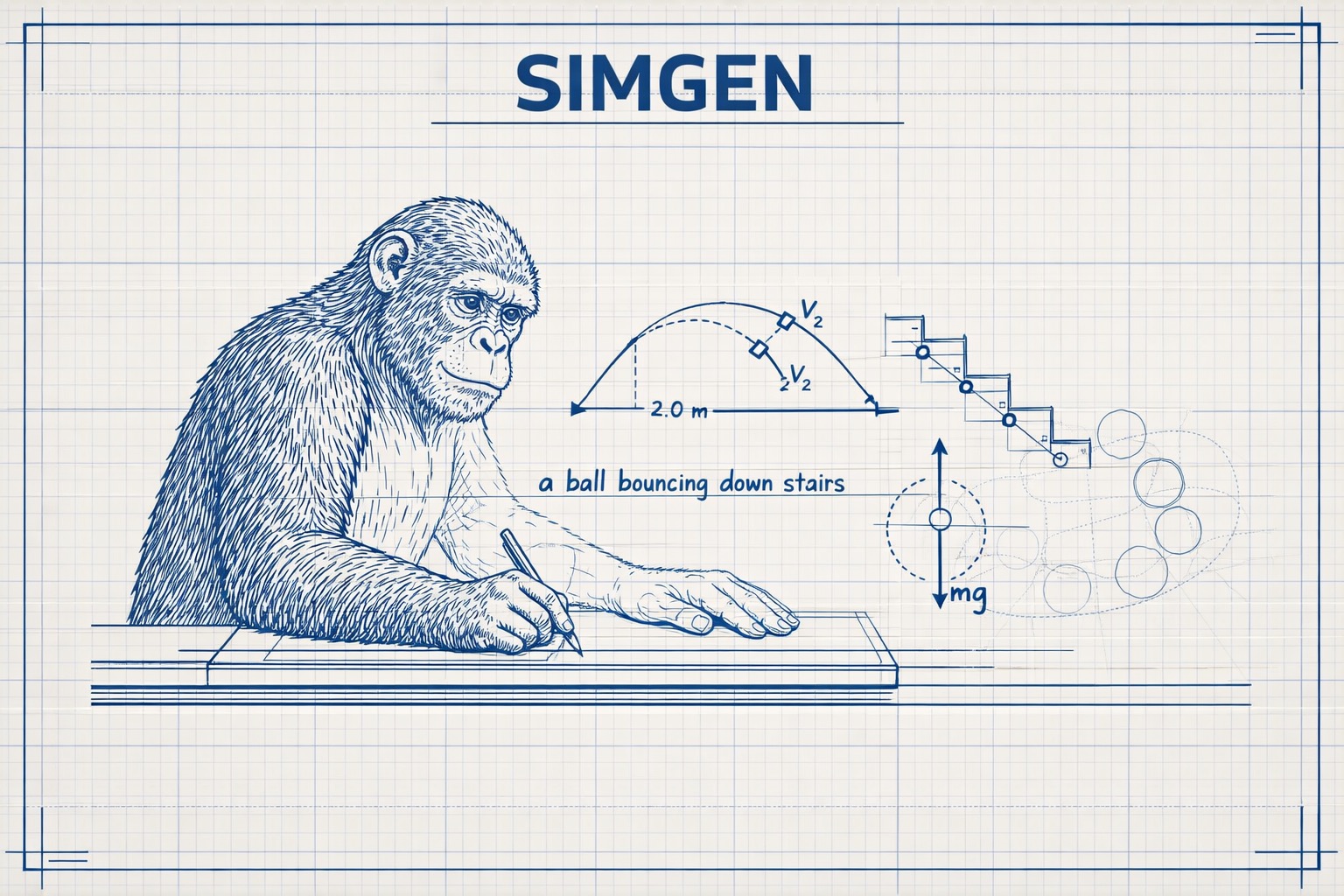 Blueprint-style illustration of a simian at a drafting table writing 'a ball bouncing down stairs', with physics diagrams emerging from the text — parabolic trajectory, staircase bounce points, free-body diagram, and motion sequence